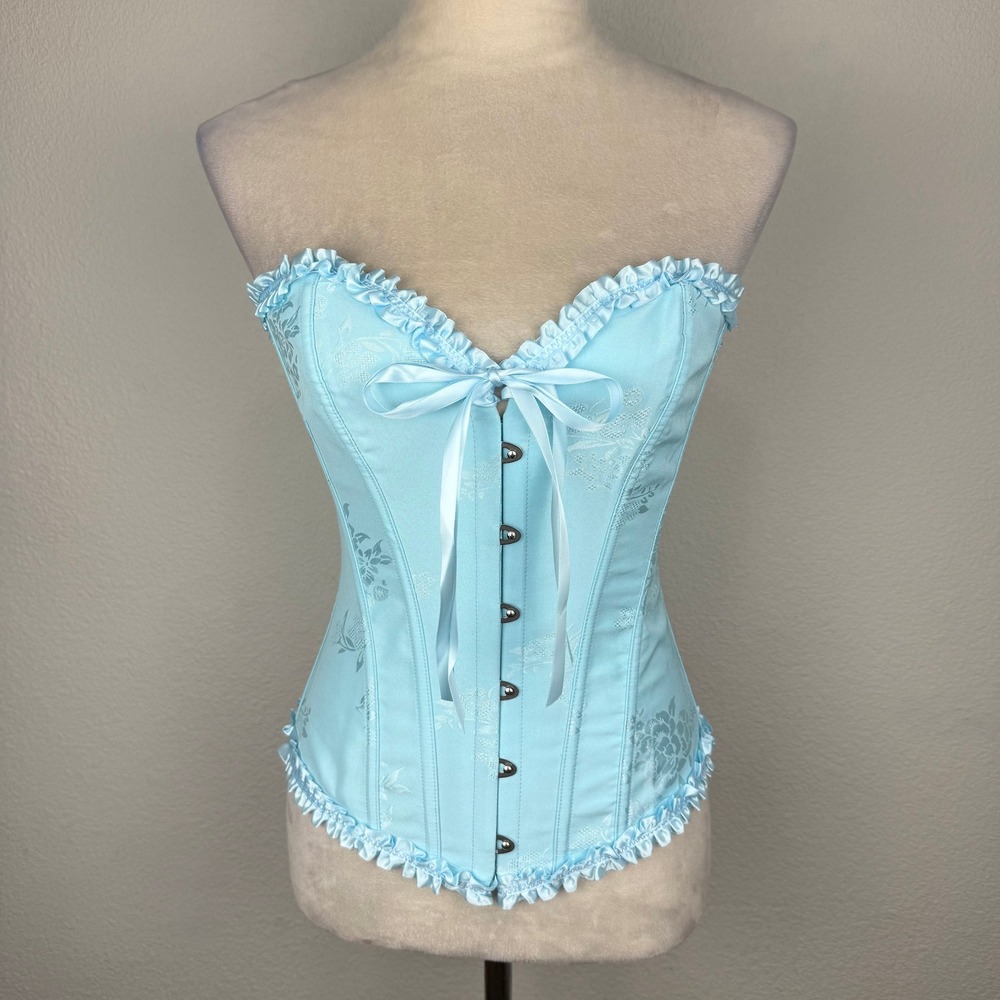Light Blue Floral Jacquard Ruffle Corset Top Strapless Lace Up Bustier Sz Small